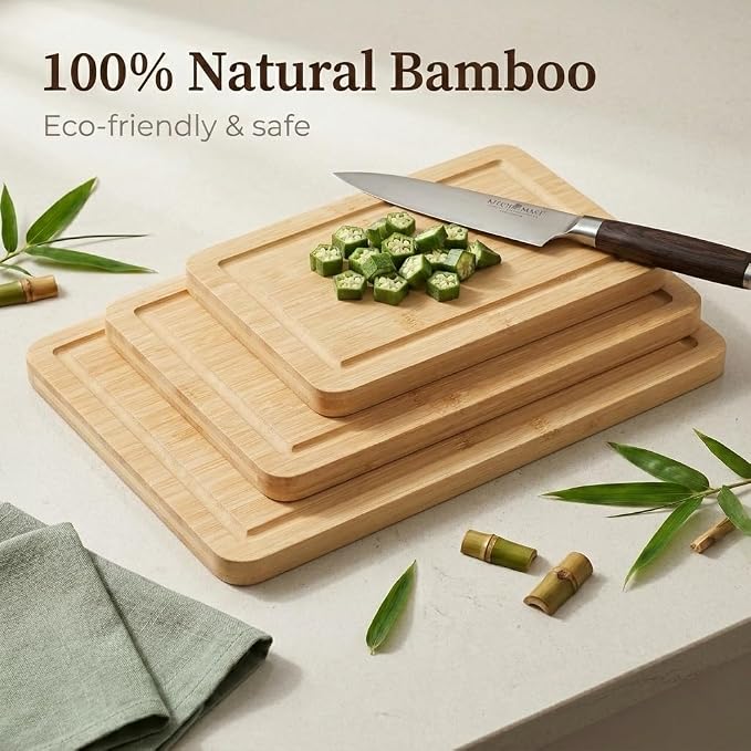 Bamboo Cutting Board Set of 3 with Stand | Natural Sustainable Wood Chopping Boards for Kitchen | Mess-Free Juice Grooves & Comfortable Side Handles | Gentle on Knife Blades, Durable