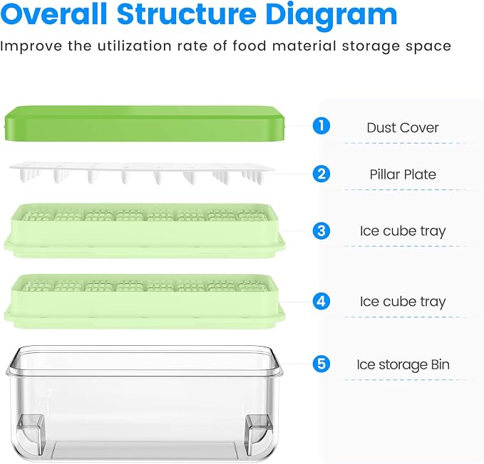 1.0" Ice Cube Trays for Freezer, PHINOX Ice Tray, 2-Tier(32Cubes/Tier)Green