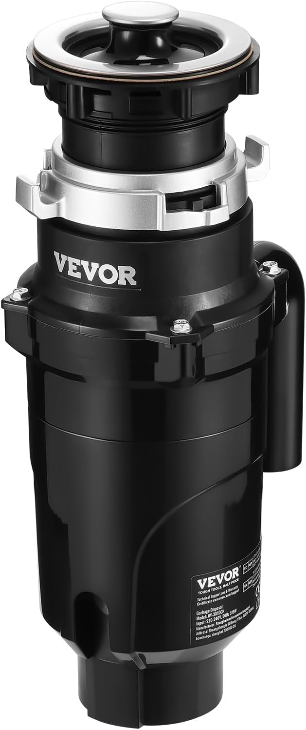 VEVOR JW-301 Garbage 1/2HP 3450RPM DC Motor, Continuous Feed Sink Disposer, EZ Connect Food Waste Grinding System with Power Cord and Splash Guard, for Kitchen, Black