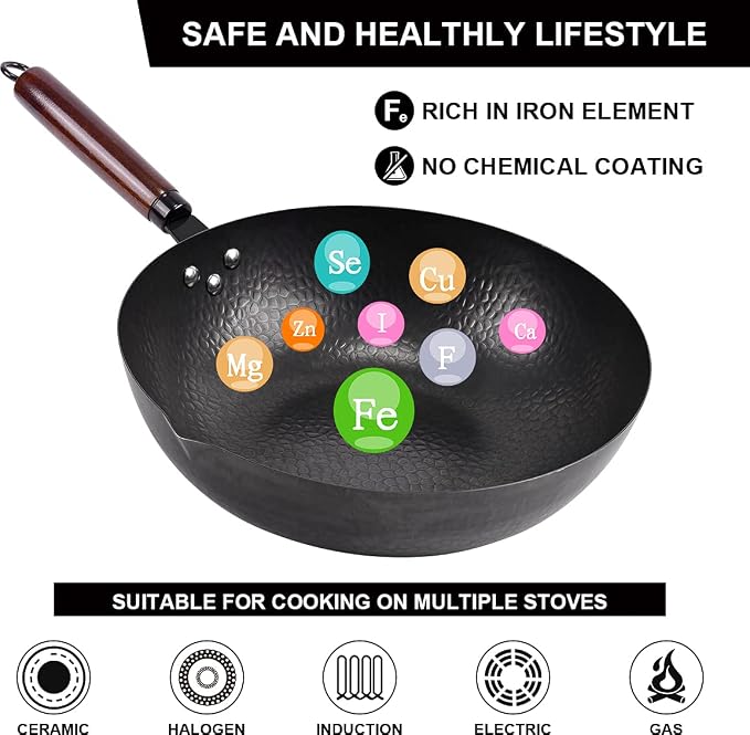 Leidawn 12.8" Carbon Steel Wok,11 Pcs Woks & Stir Fry Pans Wok Pan with Lid | Pre-Seasoned No Chemical Coated Chinese Pan with 10 Cookware Accessories, Flat Bottom Woks for Electric, Induction,Gas Stoves