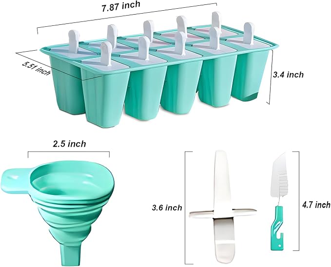 Silicone Popsicle Molds 10 Pcs Ice Pop Maker Molds with 10 Reusable Sticks, Cleaning Brush and Funnel - Homemade Easy-Release Reusable Popsicle Moulds Shapes (Green)