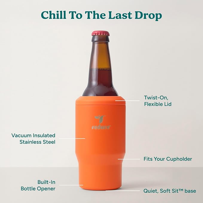 Reduce 4-in-1 Drink Cooler - Versatile Can & Bottle Holder with Vacuum Insulation - Keeps Drinks Cold Up to 4 Hours - Includes Bottle Opener - Fits Cupholders & Dishwasher Safe - 14oz - Orange Rush