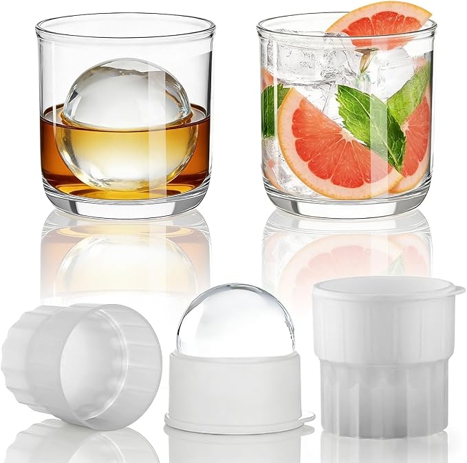 Berglander Whiskey Glasses Set of 4 (2 Bourbon Glasses, 2 Big Ice Ball Molds) 11.5 oz Reusable PET Clear Plastic Old Fashioned Glasses for Scotch Cocktail Cognac Vodka Liquor Cold Drink, Gifts for Men