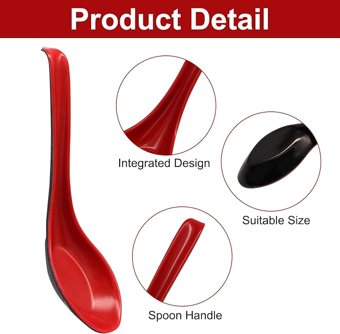 2 Pcs Soup Spoons Long Handle with Hook | Asian Soup Spoons, For Chinese Japanese Dishes, Miso Ramen Dumpling Pho Rice Noodle & Soba Soup, Black and Red
