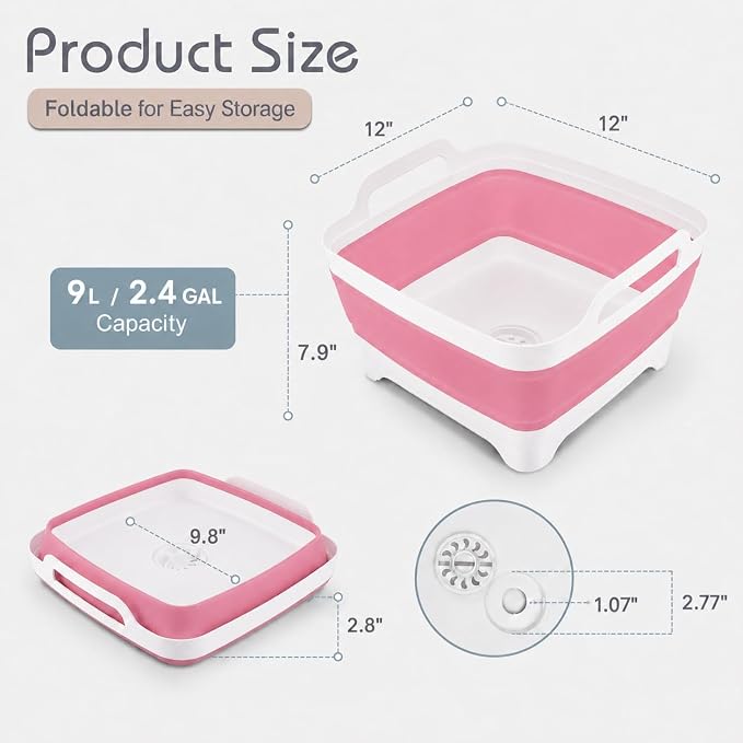 2.4 Gal(9L) Collapsible Dish Basin with Drain Plug, Space Saving Outdoor Multiuse Foldable Sink Tub, Dishpan, Kitchen Storage Tray for Camping, Vegetable Washing, RV (Pink)