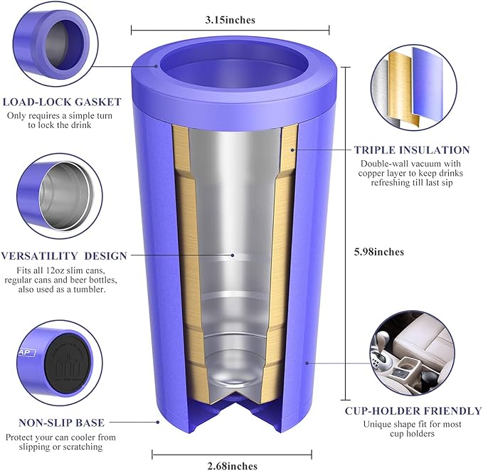 Pealeap 4-in-1 Insulated Slim Can Cooler for All 12oz Cans & Beer Bottles | Double-walled Stainless Steel Vacuum Can Cozy | Keep 8Hrs Cold | Universal Fits 12oz Drinks | No Sweat | Cup Holder Friendly