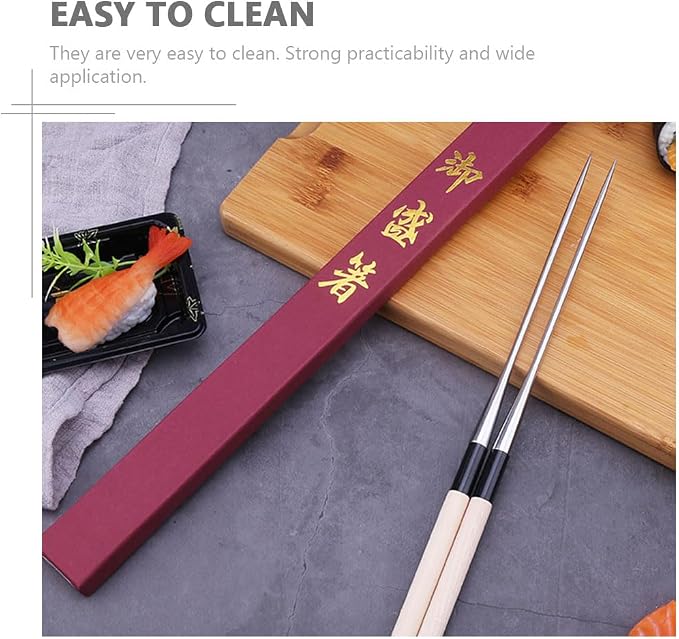 Angoily 2pcs Sashimi Long Chopsticks Stainless Steel Wooden Noodles Chopstick Japanese Cooking Frying Moribashi Sushi Korean Handle Travel Non-slip