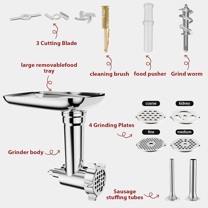 Meat Grinder & Cheese Grater Attachment for KitchenAid Stand Mixer | 21Pcs, 4 Grinding Plates, Metal Sausage Stuffer Tubes, 4 Slicer Shredder Attachment, Kitchen Aid Accessories and Attachments
