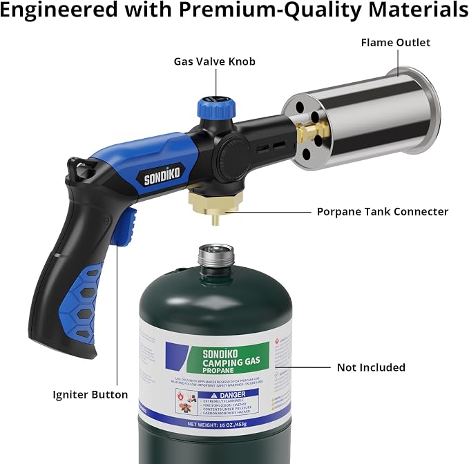 Sondiko Powerful Grill & Cooking Propane Torch L8010, Blue & Black | Sous Vide, Campfire Starter, Adjustable Weed Torch Burner for Searing Steak, BBQ, Welding, Propane, Tank Not Included