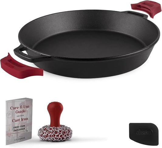 Cuisinel Cast Iron Skillet + Chainmail Scrubber - 15"-Inch Pre-Seasoned Dual Handle Braiser Frying Pan + Silicone Handle Covers - Oven, Grill, Stovetop, Fire, Kitchen Cookware - Indoor/Outdoor Use