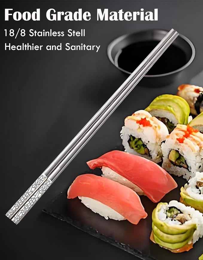 Metal Chopsticks Reusable 5 Pairs,18/8 Stainless Steel Gift set,Broken Ice | Dishwasher Safe,Non-Slip Grip,Good for Beginners,Come in a Gift Box,SUS304 Resistant to Rust,Square,Chop Sticks Silver,9.25''