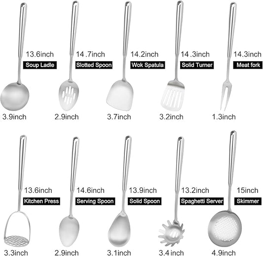 18/10 Stainless Steel Cooking Utensils Set, 10PCS Metal Kitchen Utensils Set for Wok,Kitchen Tools Set Come with Spoon, Fork, Spatula, Ladle, Skimmer, Turner, Pasta Server