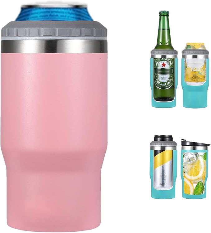 4 in 1 Stainless Steel Can/Bottle Insulator, 14oz Two-Way Lids SUS Insulated Can Cooler, Beer Bottle holder (Pink)