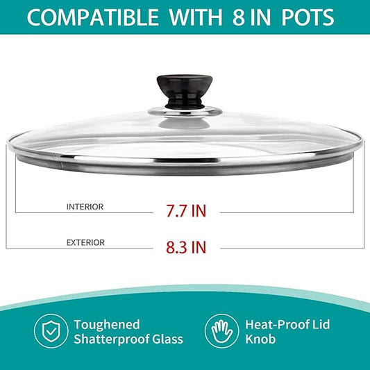 8 Inch Pan Lid, Universal Replacement Pot Lid for Frying Pans, Cast Iron Skillets, Tempered Glass Pan Cover with Steam Vent