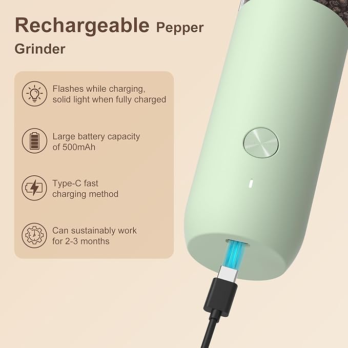 Ultrean Pepper Grinder, Rechargeable Salt and Pepper Grinder with 6 Adjustable Coarseness, LED Light, One-Hand Automatic Operation, Green