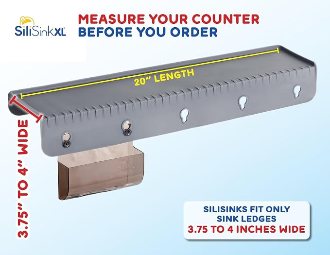 SiliProducts SiliSink XL Silicone Edge Guard for Kitchen Sink - Fits 3.75” - 4” Wide - The Original Silicone Sink Edge Protector with Sponge Caddy - Splash Guard, 20” Gray