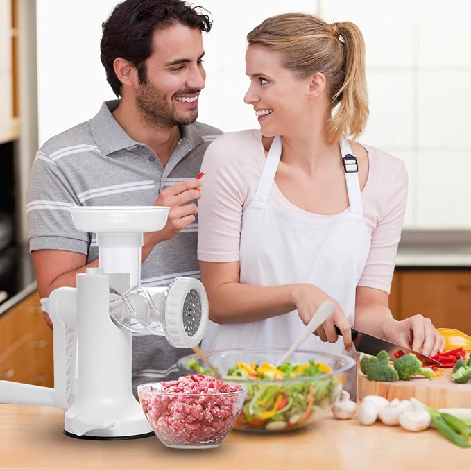 Manual Meat Grinder, Heavy Duty Meat Mincer Sausage Stuffer,Hand Grinder with Stainless Steel Blades for Meat, Sausage, Cookies, Easy to Clean(3 in 1,White)