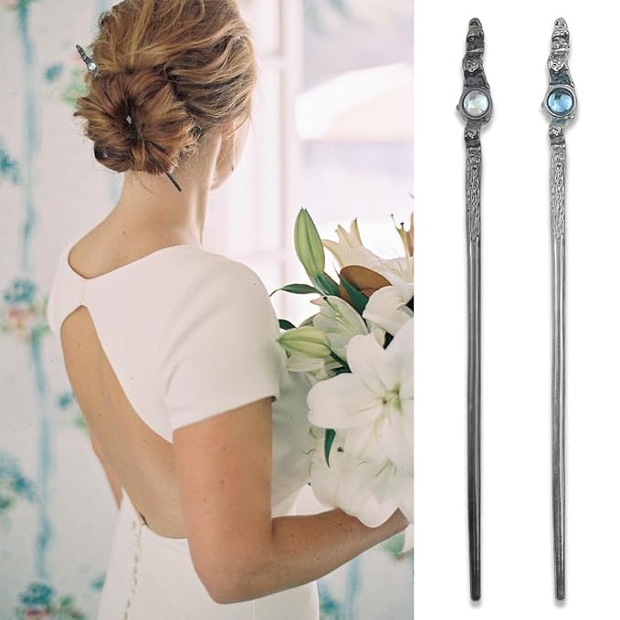 4 Pack Moonstone Hair Sticks for Bun Metal Shinny Moonstone Hair Fork Hairpin Chinese Style Hair Chopsticks Elegant Vintage Hair Accessories for Women Girls Long Hair