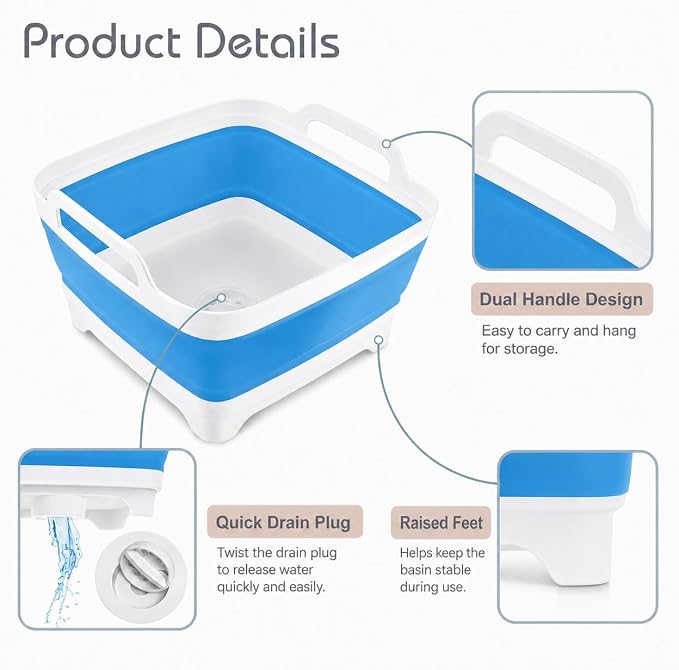 2.4 Gal(9L) Collapsible Dish Basin with Drain Plug, Space Saving Outdoor Multiuse Foldable Sink Tub, Dishpan, Kitchen Storage Tray for Camping, Vegetable Washing, RV (Blue)