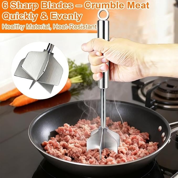 Meat Chopper - 304 Stainless Steel Meat Masher, 10 Inch Ground Beef Masher with 6 Blades, Premium Heat Resistant Smasher for Ground Beef, Hamburger Grinder, Non Stick Mix Ground Chopper, Potato Masher
