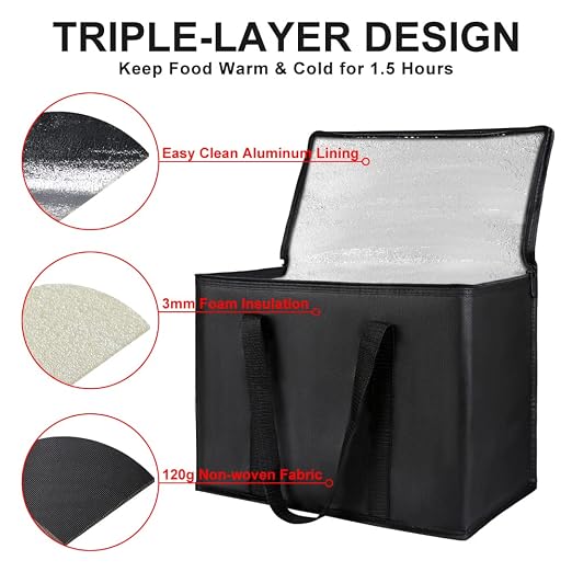 Insulated Reusable Grocery Bags, 16W x 13H x 9D, X-Large Tote Bag for Shopping/Travel, Doordash Food Cooler/Hot Delivery Bag, Black, 2-Pack
