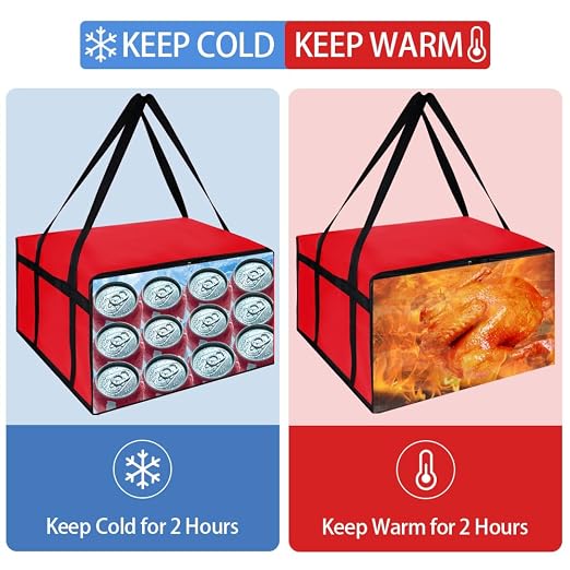 Insulated Pizza Delivery Bag for Carry Hot, 20" x 20" x 14" Carrier Warmer, Insulated Food Delivery Bag, Insulated Grocery Cooler Bags for Catering/Doordash, Commercial Food Warmers（Red, 1Pk）