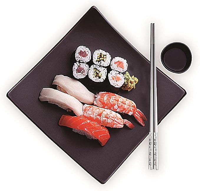 Metal Chopsticks Reusable Titanium Plated Stainless Steel Japanese Korean for Food & Cooking 9.5Inch Non-Slip for Beginners Square Laser 5 Pairs Gift Set