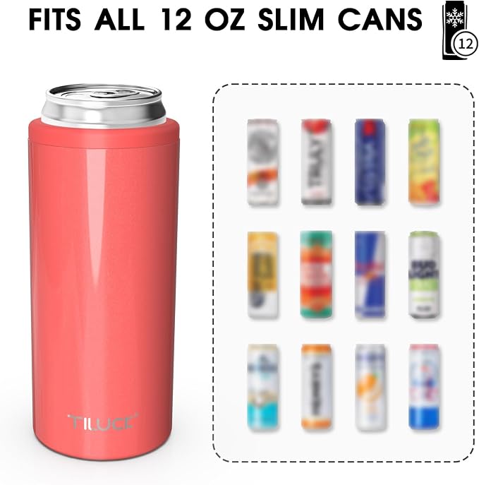 TILUCK Skinny Can Cooler, Stainless Steel Insulated Slim Cans, 12 oz | Beer & Hard Seltzer, Doucle-Walled Stainless Steel Insulated Slim Cans, Slim 12 oz(Glitter Coral)