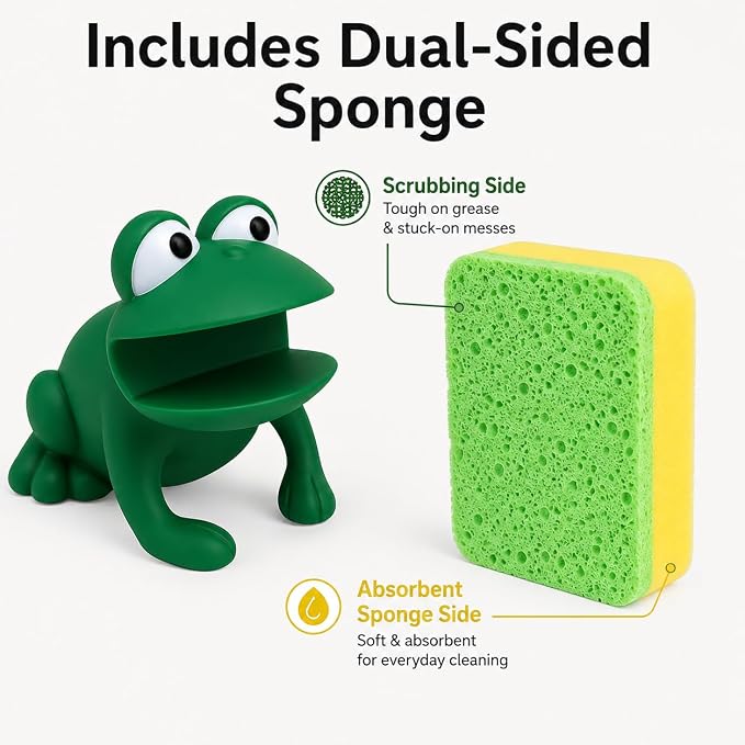 Dependable Industries inc. Essentials Frog Sponge Holder with Dual-Sided Sponge, Green Animal Shape Kitchen Sink Sponge Caddy, Cute Plastic Dish Sponge Organizer, Novelty Countertop Decor Gift
