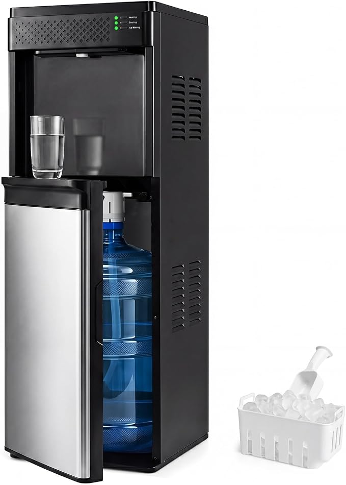 COSTWAY Water Dispenser with Ice Maker, 3 in 1 Bottom Loading Water Cooler for 5-Gal Bottle, Stainless Steel Hot and Cold Water Dispenser, 9 Cubes/7 Min, 33 LBS/24H Bullet Ice Cubes, Child Lock