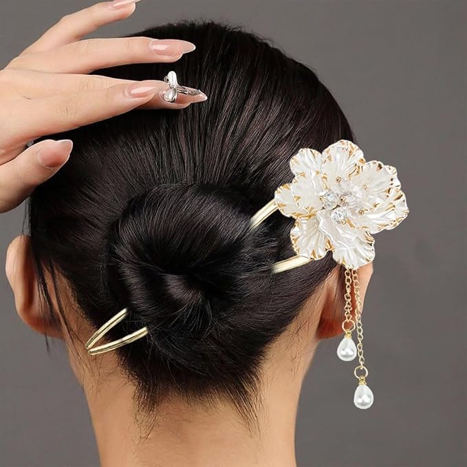Vintage Pearl Chinese Hair Sticks, Pink and Gold Flower Design, Metal Hair Pins with Tassel, Traditional Oriental Style Hair Chopsticks for Women, 2 Pack