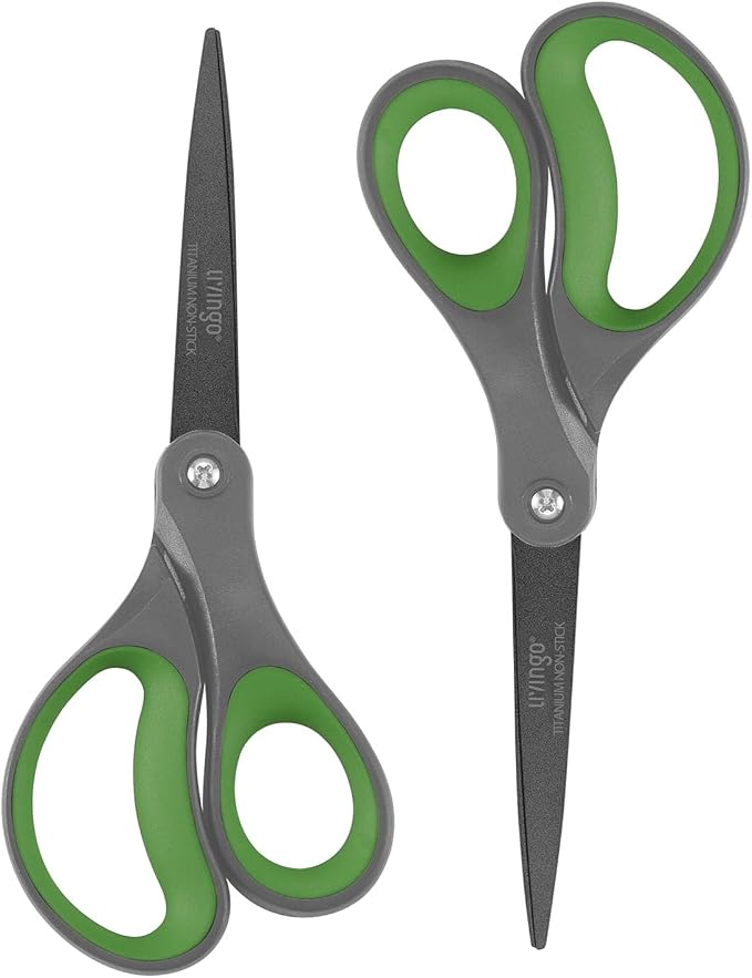 LIVINGO 8" Titanium Coated Scissors 2 Pack All Purpose Shears | Sharp Non Stick Blade, Stainless Steel Construction, Comfort Grip Handle, Home Office Craft DIY Cutting