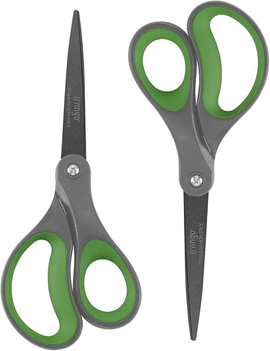 LIVINGO 8" Titanium Coated Scissors 2 Pack All Purpose Shears | Sharp Non Stick Blade, Stainless Steel Construction, Comfort Grip Handle, Home Office Craft DIY Cutting