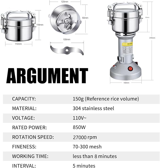 Grain Grinder 150g High-speed Spice Herb Electric Stainless Steel Grain Mill 850W for Corn,Flour,Wheat,Pepper and Coffee Bean
