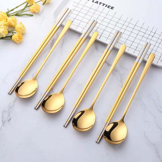 Buyer Star 4 Set Gold Square Chopsticks and Spoons Set Metal Stainless Steel Spoons Chopsticks Set