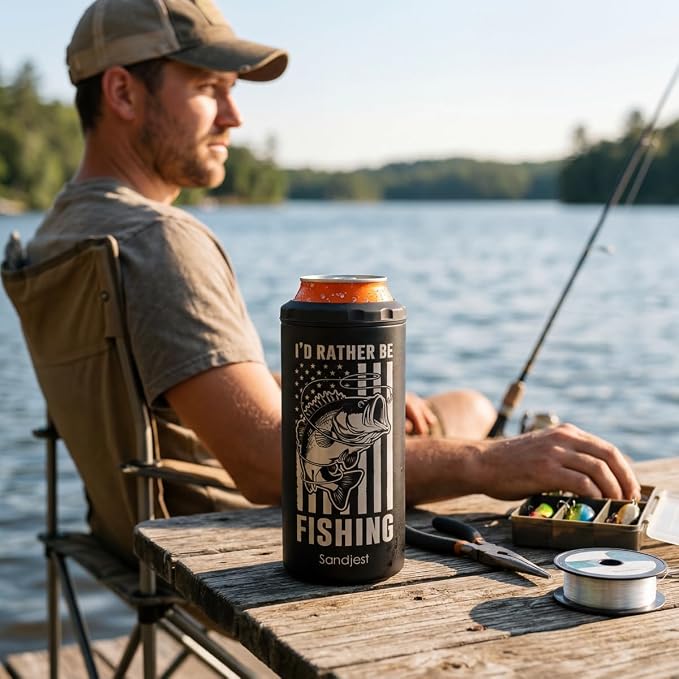 I'd Rather Be Fishing American Flag Can Cooler 12oz - Travel Mug Cup - Stainless Steel Insulated for Men Fishermen - Tumbler Cans Koozie, Gift for Dad Brother Christmas, Birthday, Father's Day