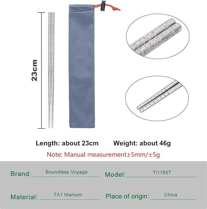 Boundless Voyage 23cm Pure Titanium Solid Chopsticks, Food Grade Titanium Chopstick, Reusable Non-Slip Metal Chopsticks for Home Kitchen, Restaurant, Gift (Ti1185T)