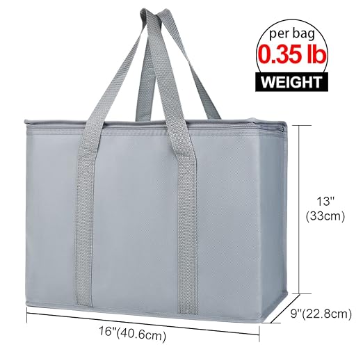 Bodaon Insulated Reusable Grocery Shopping Bags, 2-Pack, X-Large, Grey | Picnic Cooler Bag Top Cold/Warmer, Heavy Duty Insulated Food Delivery Bag, For Commercial Catering Rideshare Driver, Foldable