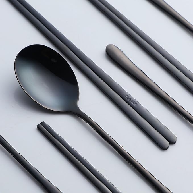 Buyer Star 4 Set Spoon Chopsticks, Black Reusable Metal Stainless Steel Korean Chopstix Spoon Set