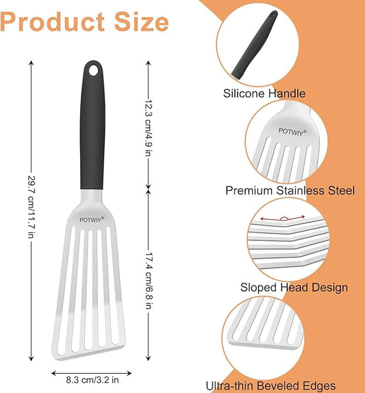 Fish Spatula Stainless Steel, Slotted Turner with Silicone Handle and Curved Blade, Metal Spatula for Cast Iron Skillet, Kitchen Cooking Flipper for Fish, Egg and Burger, 11.7 Inch