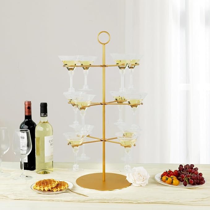 QPIX DIGITAL Champagne Tower,Metal Cocktail Tree Stand 3 Tier - 12 Holders For Champagne, Cocktails, Martini, Margarita Cups at Weddings,Bridal Parties & Events,Cocktail Glass Gold Holder