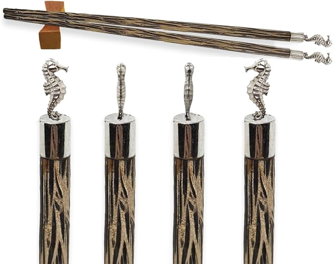 Wooden Chopsticks 9⅞" Coconut Palm Wood Chopstick With Metal Seahorse Top Eating Utensils Oriental Cutlery Asian Tableware Decorative Dinnerware to Serve Chinese Japanese Korean Food