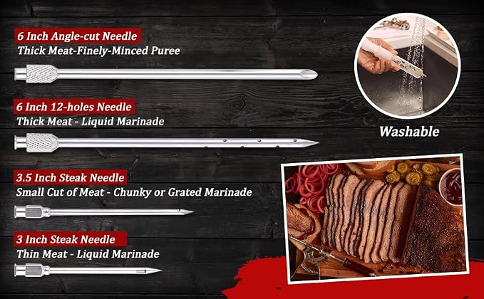 J&B Goods Professional Automatic BBQ Meat Marinade Injector Gun Kit with Case, 2 oz Large Capacity Barrel and 4 Commercial Grade Marinade Needles.