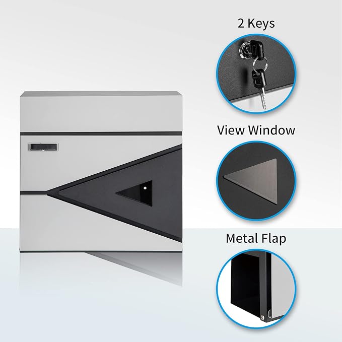 Wall-Mount Mailbox for House Outside, Security Drop Box with Lock and Keys, Steel Metal Mail Box with Newspaper Compartment, 14.57 x 14.57 x 4.33 Inch, Grey & Black, MD039 X-Large