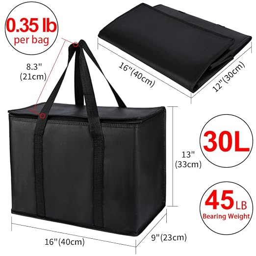1-Pack Insulated Reusable Grocery Shopping Bags, X-Large, Black | Insulated Food Delivery Bag, For Drivers/Catering/Rideshare, Commercial Food Warmer, Tote Cooler Bags, Heavy Duty, Picnic