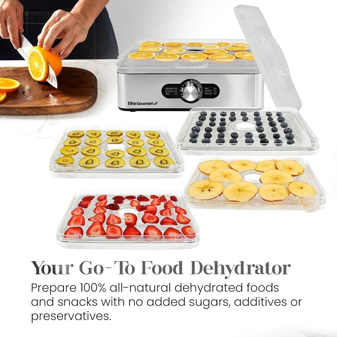 Elite Gourmet EFD3321 Food Dehydrator, Stainless Steel Trays & Finish | Adjustable temperature controls - makes jerky, herbs, fruit & veggies into dried snacks - doubles for meat & herb drying too