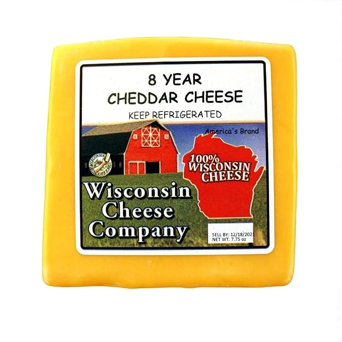 Wisconsin Cheese Company – Aged Cheddar Cheese and Crackers Gift Box – Includes Three, Five, Eight & Ten Year Aged Cheddar – Charcuterie Board Gift Set (Four 7.5 oz Blocks)