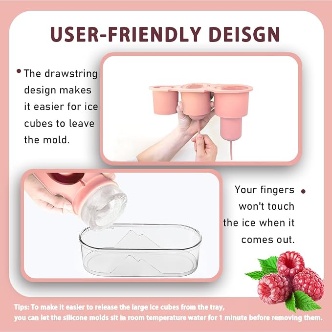Silicone Ice Mold for Stanley Cup 30 40oz, Tumbler Ice Maker | Easy Fill and Release Without Touching Ice, Ice Cube Tray with Clear Lid and Bin for Freezer, Whiskey, Cocktail (Pink)