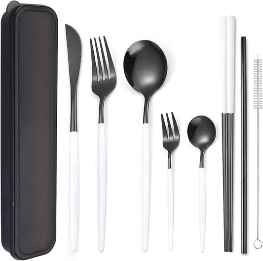 AARainbow 8 Pieces Stainless Steel Flatware Set Portable Reusable Cutlery Set Travel Utensils Set Including Chopsticks Knife Fork Spoon Straws Cleaning Brush Dishwasher Safe (White black)