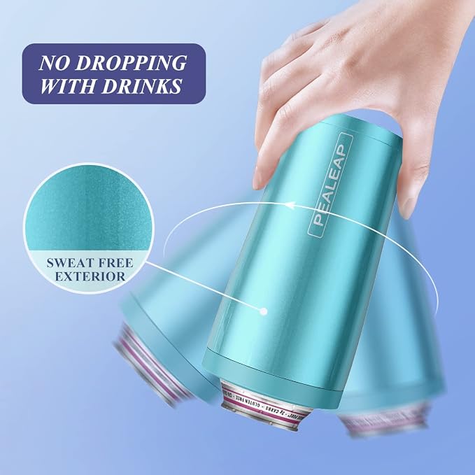 Pealeap 4-in-1 Insulated Slim Can Cooler for All 12oz Cans & Beer Bottles | Double-walled Stainless Steel Vacuum Can Cozy | Keep 8Hrs Cold | Universal Fits 12oz Drinks | No Sweat | Cup Holder Friendly